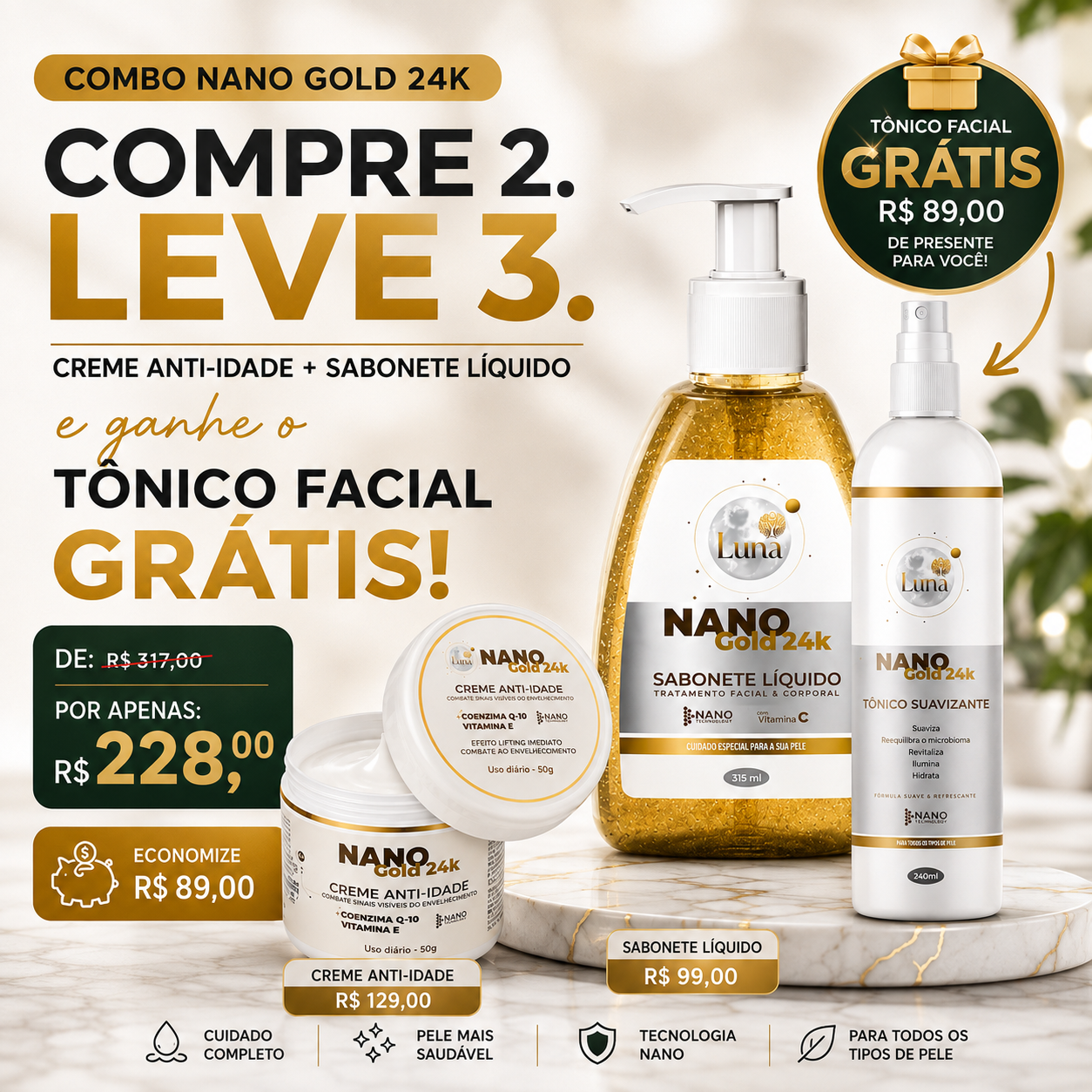 Combo de Cuidados Faciais Nano Gold – Compre 2 e Leve 3