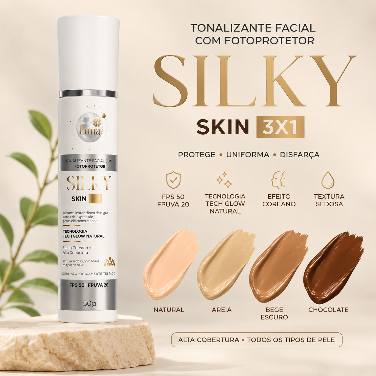 Silky Skin Tonalizante Facial 3 em 1: Proteção, Cobertura e Tratamento 50g